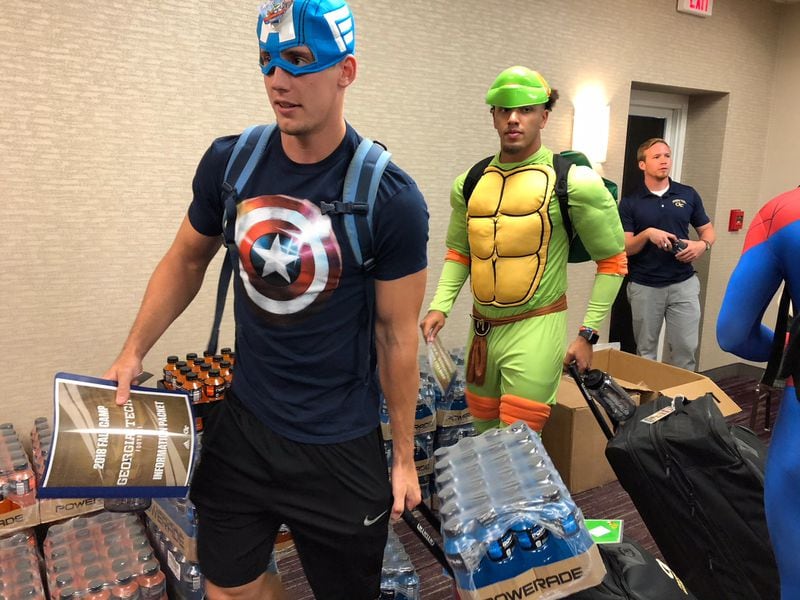 Georgia Tech wide receiver Brad Stewart (Captain America) and linebacker/safety Jalen Johnson (Michelangelo) were part of a group of team members reporting to preseason camp Thursday dressed as superheroes. (Simit Shah/Georgia Tech Athletics)