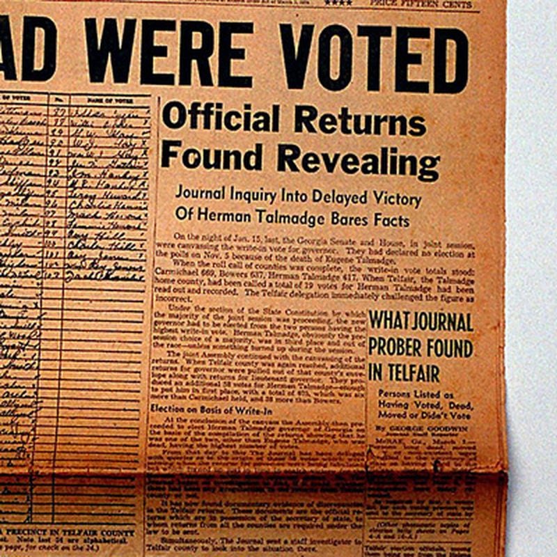 This detail from the Atlanta Journal front page story by George Goodwin shows the top of the main story on voting irregularities in the 1946 governor's race. One telling discovery: 34 citizens appeared at one south Georgia precinct and voted in alphabetical order, starting with the first letter and stopping abruptly at K.