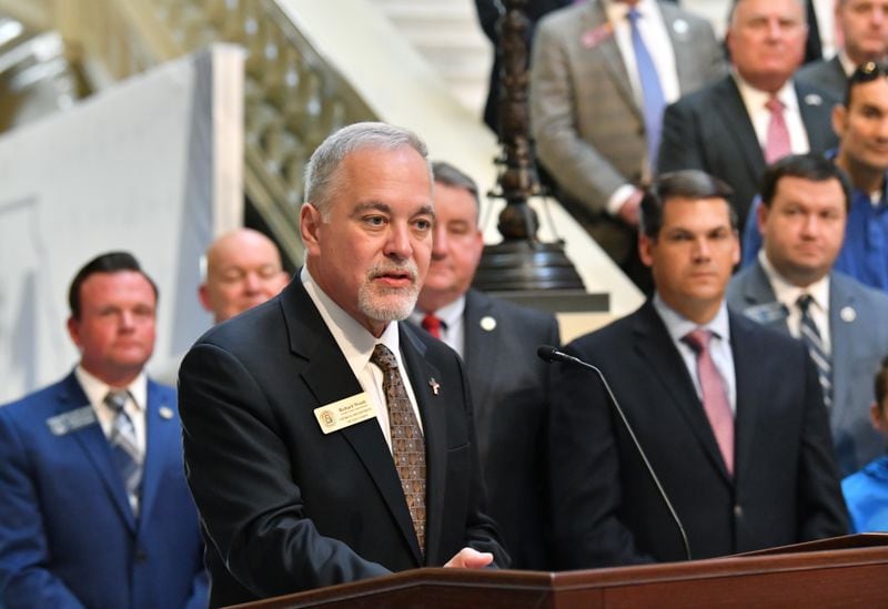 Georgia’s School Superintendent Richard Woods speaks during a news  conference at the Georgia State Capitol on March 29, 2022. This week, he issued a letter saying the DeKalb County School District had mishandled the repairs and upgrades to Druid Hills High School.  (Hyosub Shin / Hyosub.Shin@ajc.com)