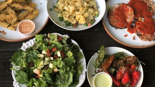 A feast of takeout from A Mano in the Old Fourth Ward (clockwise from upper left): fried okra, carbonara, eggplant Parmesan, blistered shishitos and fig salad. CONTRIBUTED BY WENDELL BROCK