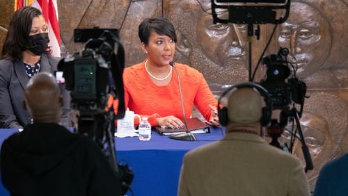 Atlanta Mayor Keisha Lance Bottoms talks to the media about her time as mayor on Dec. 20, 2021 at Atlanta City Hall. (Ben Gray for the Atlanta Journal-Constitution)
