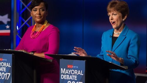 Keisha Lance Bottoms, left, and Mary Norwood during the WSB-TV Atlanta mayoral debate on December 3, 2017, in Atlanta. STEVE SCHAEFER / SPECIAL TO THE AJC
