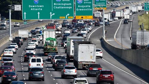 Heavy traffic traveling northbound on Interstate 75 moves slowly, as a major evacuation has begun in preparation for Hurricane Irma, Friday, Sept. 8, 2017, in Forrest Park, south of Atlanta.
