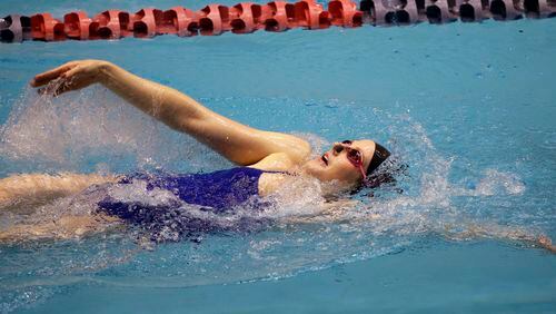 Missy Franklin swims during a practice session for the U.S. Winter Nationals swimming event Wednesday, Dec. 2, 2015, in Federal Way, Wash. The competition runs Thursday through Saturday. (AP Photo/Elaine Thompson)