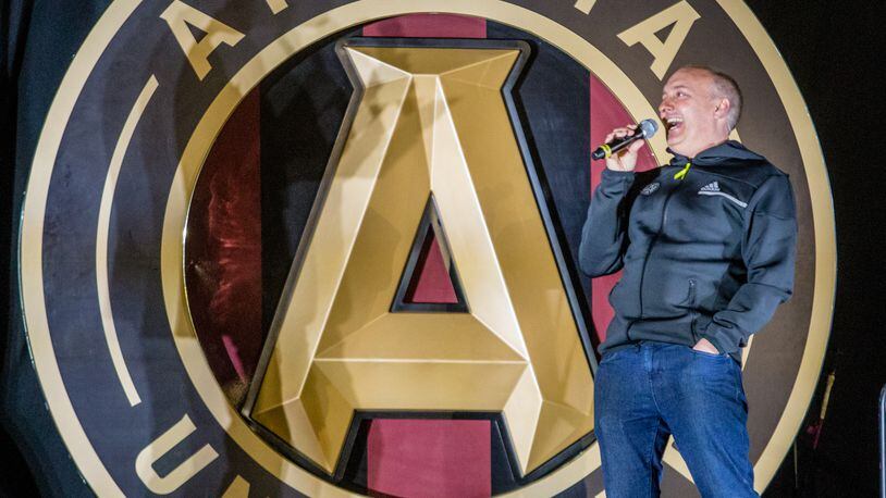Atlanta United celebrates the beginning of their 5th season where United President Darren Eales speaks before the unveiling the 2021 team uniforms Friday, Feb 26, 2021 during a drive-in at the Home Depot Backyard.  (Jenni Girtman for The Atlanta Journal-Constitution)