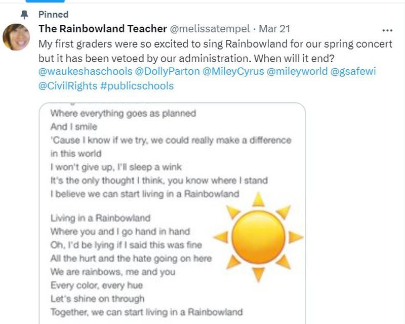 After protesting the removal of the Dolly Parton/Miley Cyrus duet "Rainbowland" from a school concert, teacher Melissa Tempel shared her dismay on social media. On July 12, the school board voted 9-0 to fire her.