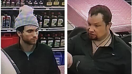 Gwinnett County police are searching for two men suspected of stealing credit cards from cars and using them at a gas station.