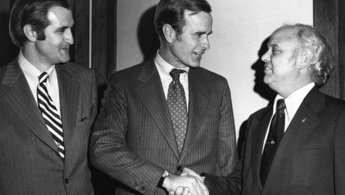 In 1973, then-National Republican Committee chairman George H.W. Bush (center) greeted Georgia GOP Treasurer H. Paul Womack Jr. (left) and Georgia GOP chairman Bob Shaw (right) in Atlanta. Shaw worked for decades to build the Republican Party in Georgia and saw it rise to power in the former Democratic-controlled state.
DWIGHT ROSS, JR. / THE ATLANTA JOURNAL-CONSTITUTION