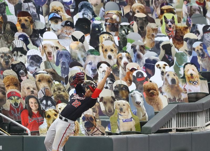 A foul ball by Atlanta Braves batter Freddie Freeman lands among cardboard cutouts of dogs in the stands as Nationals outfielder Juan Soto hits the wall trying to make the play.    Curtis Compton ccompton@ajc.com