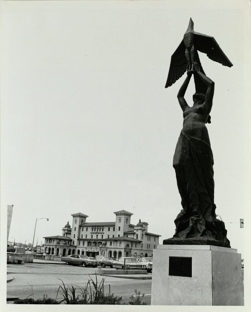 The Atlanta From the Ashes statue (aka the Phoenix) in its original location near Terminal Station, July 11, 1971. The statue now resides in Woodruff Park. Photo: Guy Hayes/AJC