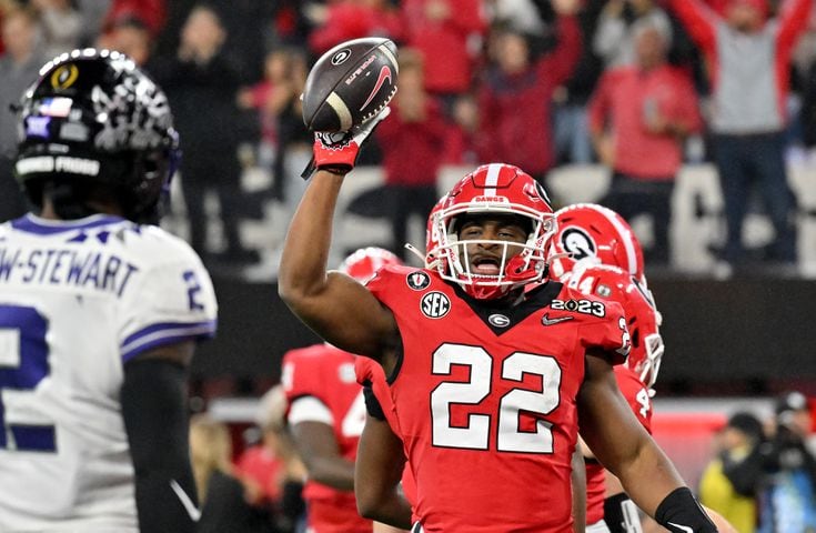 Georgia Bulldogs running back Branson Robinson (22) celebrates the final touchdown against the TCU Horned Frogs during the second half of the College Football Playoff National Championship at SoFi Stadium in Los Angeles on Monday, January 9, 2023. Georgia won 65-7 and secured a back-to-back championship. (Hyosub Shin / Hyosub.Shin@ajc.com)