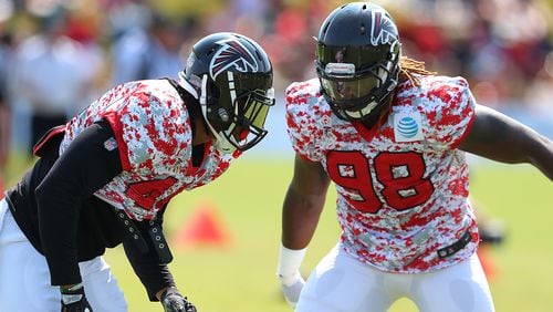 August 6, 2017 Flowery Branch: Falcons Vic Beasley Jr. works against Takkarist McKinley during team practice on Sunday, August 6, 2017, in Flowery Branch. Curtis Compton/ccompton@ajc.com