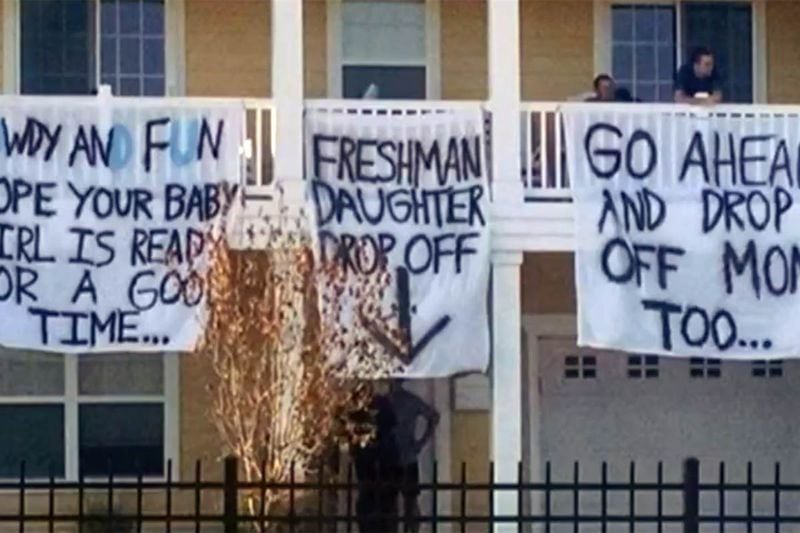 At some point, these signs seemed a good idea to frat members at Old Dominion University. The students quickly came to regret their actions, which led to the suspension of the frat. (Twitter photo)