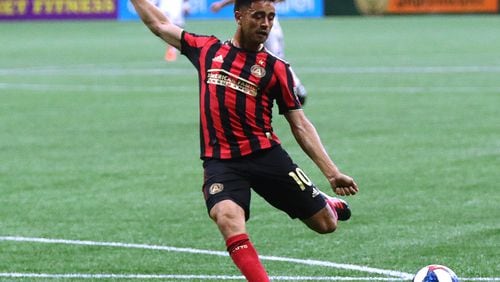 May 12, 2019 Atlanta: Atlanta United midfielder Pity Martinez scores his first goal of the season against Orlando City in a MLS soccer match on Sunday, May 12, 2019, in Atlanta.  Curtis Compton/ccompton@ajc.com