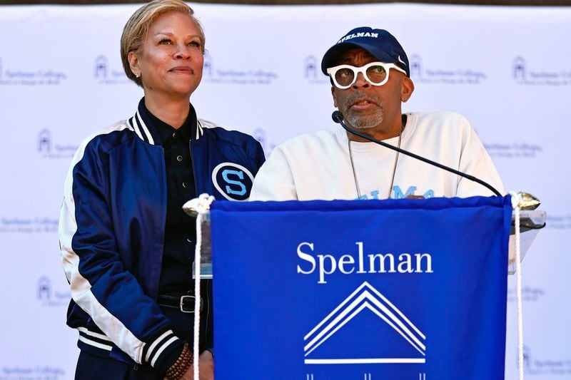 Film director Spike Lee and his wife Tonya Lewis Lee speak during the dedication of the Lee Family Admissions Office at Spelman College on Monday, November 28, 2022. (Natrice Miller/natrice.miller@ajc.com)  