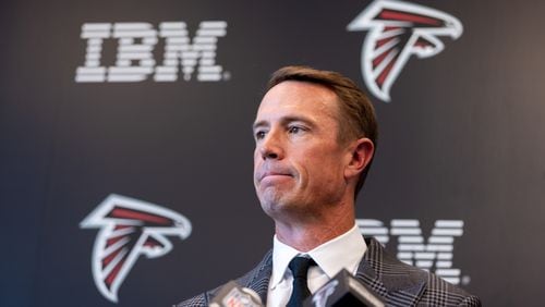 Former Falcons quarterback Matt Ryan announces his retirement at a press conference at the Falcons practice facility in Flowery Branch on Monday, April 22, 2024. (Arvin Temkar / arvin.temkar@ajc.com)