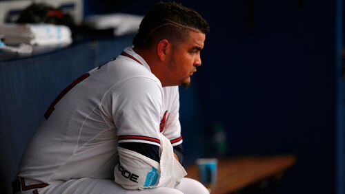 Williams Perez #61 of the Atlanta Braves sits in the dugout in the first inning against the New York Yankees at Turner Field on August 28, 2015 in Atlanta, Georgia. (Photo by Kevin C. Cox/Getty Images)