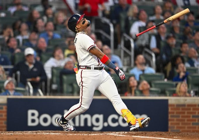 Atlanta Braves right fielder Ronald Acuna Jr. (13) watches a pop fly out to end the third inning of NLDS Game 2 against the Philadelphia Phillies in Atlanta on Monday, Oct. 9, 2023.   (Hyosub Shin / Hyosub.Shin@ajc.com)