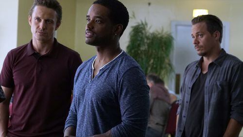 GAME OF SILENCE -- "Blood Brothers" Episode 101 -- Pictured: (l-r) David Lyons as Jackson Brooks, Larenz Tate as Shawn Cook, Michael Raymond-James as Gil Harris -- (Photo by: Annette Brown/NBC)