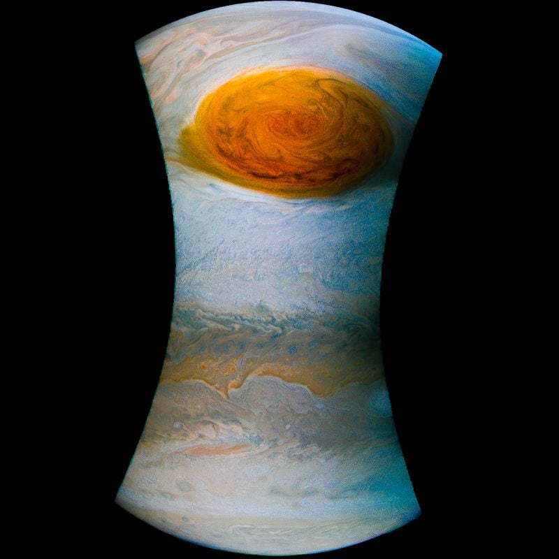 Enhanced-color image of Jupiter's Great Red Spot, processed in Lightroom. The hourglass shape of the image reflects the way the camera operates as the Juno spacecraft spins in flight.