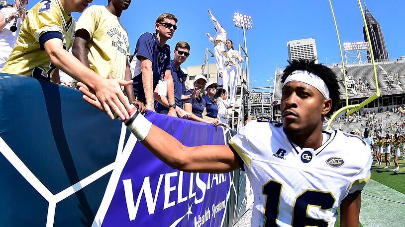 ATLANTA, GA - SEPTEMBER 9: TaQuon Marshall #16 of the Georgia Tech Yellow Jackets celebrates with fans during the game against Jacksonville State Gamecocks on September 9, 2017 in Atlanta, Georgia. Photo by Scott Cunningham/Getty Images)