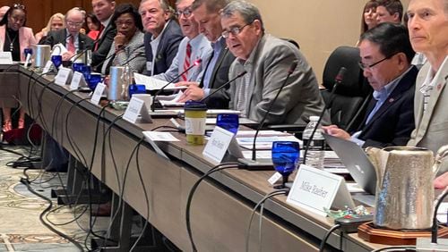 UGA President Jere Morehead (center) calls to order the Georgia Athletic Association board of directors' end-of-year meeting at Ritz Carlton Reynolds on Lake Oconee in Greensboro, Ga., on Thursday, May 23, 2023. (Photo by Chip Towers/ctowers@ajc.com)
