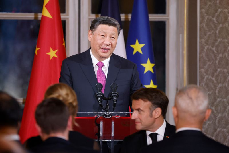 Chinese President Xi Jinping speaks during a toast at a state dinner, at the Elysee Palace in Paris, Monday, May 6, 2024. French President Emmanuel Macron put trade disputes and Ukraine-related diplomatic efforts on top of the agenda for talks with Chinese President Xi Jinping, who arrived in France for a two-day state visit opening his European tour. (Ludovic Marin, Pool via AP)