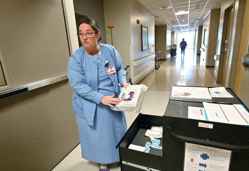 Lois Hershberger, a perinatal nurse, shows off a postpartum hemorrhage cart she assembled at Wayne Memorial Hospital in Jesup, Ga., on Feb. 6, 2020. The hospital won a public-private $100,000-year, five-year grant to implement best practices for some of the most preventable causes of maternal death. (Hyosub Shin / Hyosub.Shin@ajc.com)