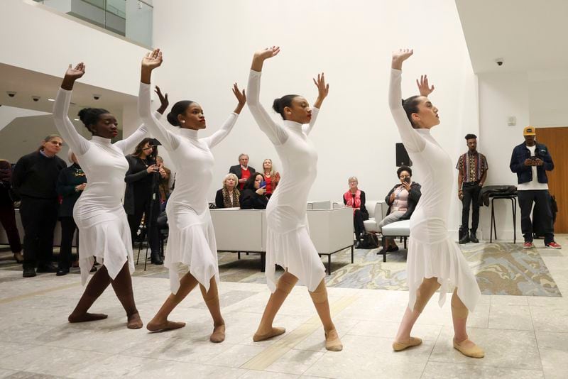 Dancers with the Namari Dance Center, of Sandy Springs, perform as the City of Sandy Springs kicks off their tribute to Black History Month at Sandy Springs City Hall. (Jason Getz / jason.getz@ajc.com)