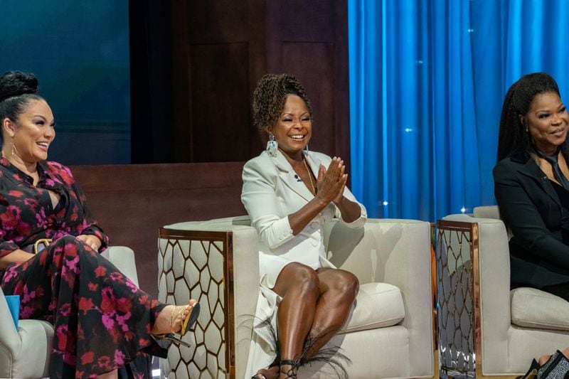 Crystal Fox (center) during the two-part "The Haves and the Have Nots" reunion show taped July 12, 2021 at Tyler Perry Studios hosted by Egypt Sherrod (left). OWN