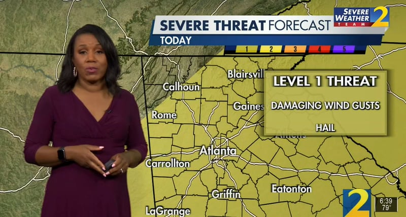 Most of North Georgia is under a Level 1 threat of severe weather this afternoon, which is considered the lowest level out of five, according to Channel 2 Action News meteorologist Eboni Deon.