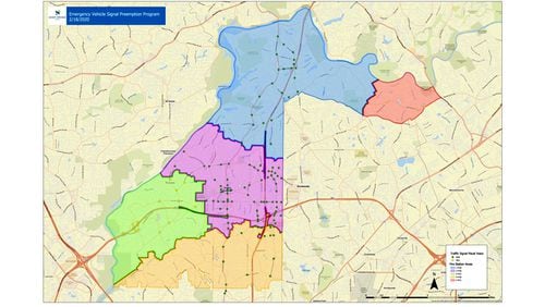 Map depicts the rollout of “Glance” traffic signal preemption equipment in Sandy Springs. The system is intended to ensure green traffic lights for fire vehicles on emergency calls. CITY OF SANDY SPRINGS