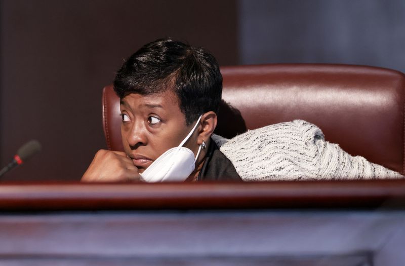 Council member Keisha Sean Waites during discussion as the Atlanta City Council held their first in person meeting since they were suspended at start of the pandemic In Atlanta on Monday, March 21, 2022.   (Bob Andres / robert.andres@ajc.com)