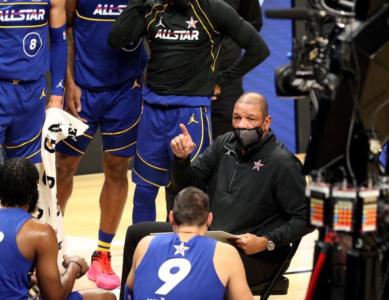 Team Durant coach Doc Rivers of the Philadelphia 76ers talks with his All-Star squad during the NBA All-Star game Sunday, March 7, 2021, at State Farm Arena in Atlanta. (Curtis Compton/ccompton@ajc.com)