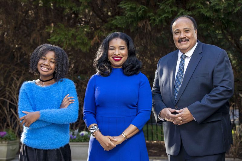 Martin Luther King III (right), Arndrea Waters King and their daughter Yolanda Renee King (left) stand for a portrait at their residence in Atlanta, Georgia, Thursday, January 28, 2021. (Alyssa Pointer / Alyssa.Pointer@ajc.com)