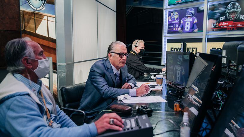 Fox Sports rules analyst Mike Pereira working recent NFL games. (Photo courtesy Lily Hernandez/FOX Sports)