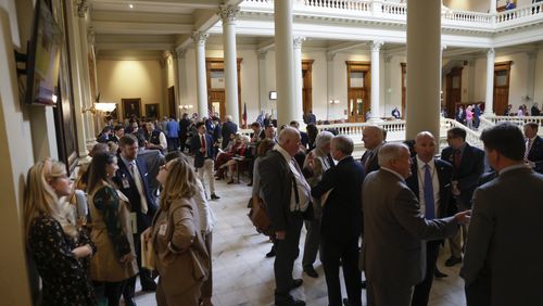 Lobbyists fill the halls during Crossover Day in the Georgia General Assembly In Atlanta in March 2022. Lobbyists' spending starting rising again that year after falling off during the coronavirus pandemic. (Bob Andres / robert.andres@ajc.com)