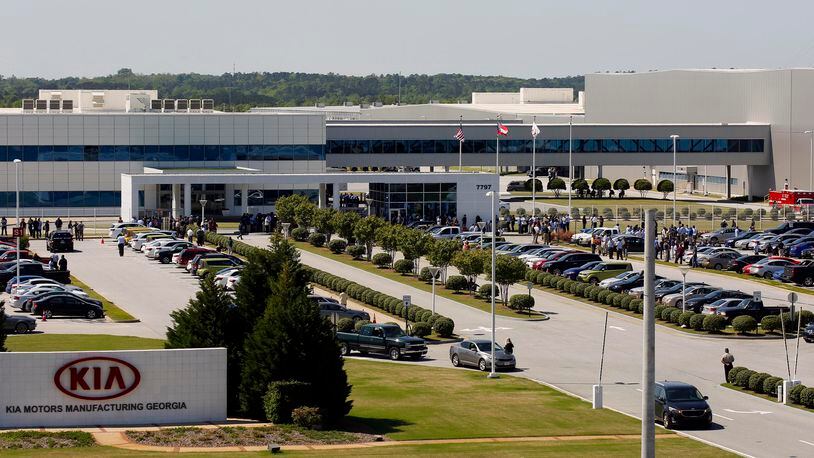 Kia Motors sprawling assembly plant in West Point, Ga., continues to wrestle with intermittent shortages of semiconductor chips needed for new vehicles. (Todd J. Van Emst/Opelika-Auburn News via AP)
