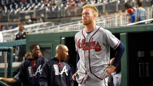 Braves starting pitcher Mike Foltynewicz watches from the dugout during a rain delay before the game against the Washington Nationals, Thursday, July 6, 2017, in Washington. (AP Photo/Nick Wass)