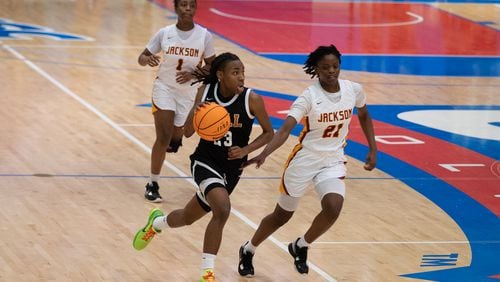 Kell's Jamiah Gregory takes the ball down court during the GHSA AAAAA girls Kell vs Jackson basketball semifinals playoff game at West Georgia College on March 3, 2023. Jamie Spaar for the Atlanta Journal-Constitution