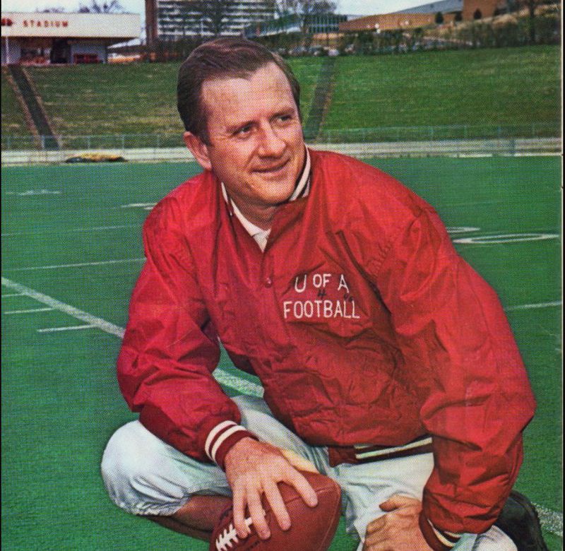 Frank Broyles, a Decatur native, was Arkansas' head coach from 1958 to 1976. His record was 144-58-5 with seven SWC titles and 10 bowl appearances. He coached 20 All-Americans.  Broyles' 1964 team was undefeated, beat Nebraska 10-7 in the Cotton Bowl and was awarded a national championship by the Football Writers Association of America.