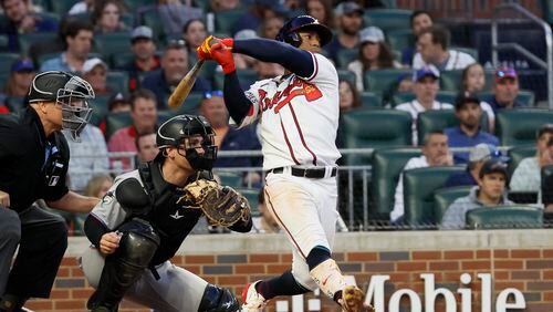 Braves second baseman Ozzie Albies (1) watches his home run during the sixth inning against the Miami Marlins at Truist Park, Tuesday, April 25, 2023, in Atlanta. 





Miguel Martinez / miguel.martinezjimenez@ajc.com