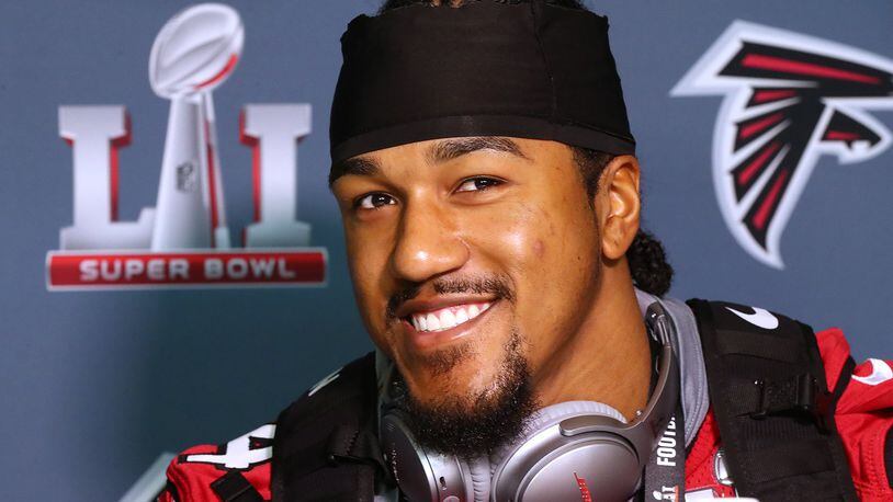Falcons defender Vic Beasley Jr. is all smiles during Super Bowl media availability on Wednesday, Feb. 1, 2017, at the Memorial City Mall ice arena in Houston.