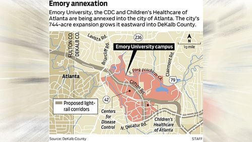 Emory University, the CDC and Children’s Healthcare of Atlanta are being annexed into the city of Atlanta. The city’s 744-acre expansion grows it eastward into DeKalb County.