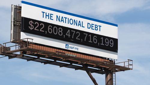 CLEVELAND, OHIO - SEPTEMBER 24: A Peterson Foundation billboard displaying the national debt is pictured on I-77 North on September 24, 2019 in Cleveland, Ohio. (Photo by Duane Prokop/Getty Images for Peterson Foundation)