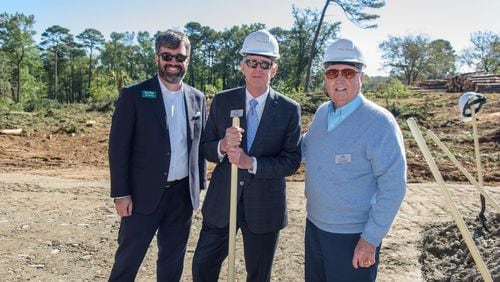 Andy Isakson (center), pictured with Ted Fleming, president of the Peachtree Hills Civic Association, and Larry Hailey, a member of Peachtree Hills Place in Buckhead, at the official groundbreaking last October. Isakson is owner and managing partner of Isakson Living. CONTRIBUTED BY CHRIS BERRY