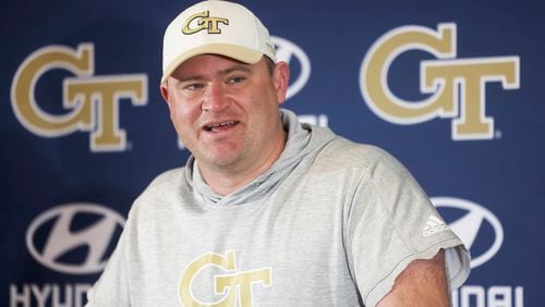 Georgia Tech head coach Brent Key reacts as he speaks to members of the media following their first day of spring football practice at Bobby Dodd Stadium, Monday, March 11, 2024, in Atlanta. (Jason Getz / jason.getz@ajc.com)