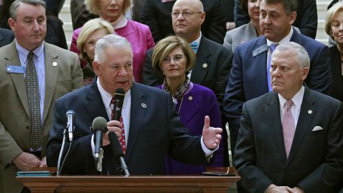 House Speaker David Ralston speaks at a January press conference, as Gov. Nathan Deal, right, watches. Bob Andres, bandres@ajc.com