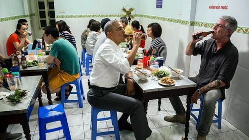 Pres. Obama drinks up with Anthony Bourdain in Hanoi, Vietnam on the season 8 premiere of "Parts Unknown." CREDIT: CNN