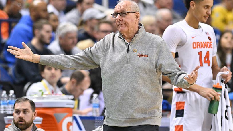 Syracuse head coach Jim Boeheim reacts during the second half against Wake Forest in the second round of the ACC Tournament at Greensboro Coliseum on Wednesday, March 8, 2023, in Greensboro, North Carolina. (Grant Halverson/Getty Images/TNS)